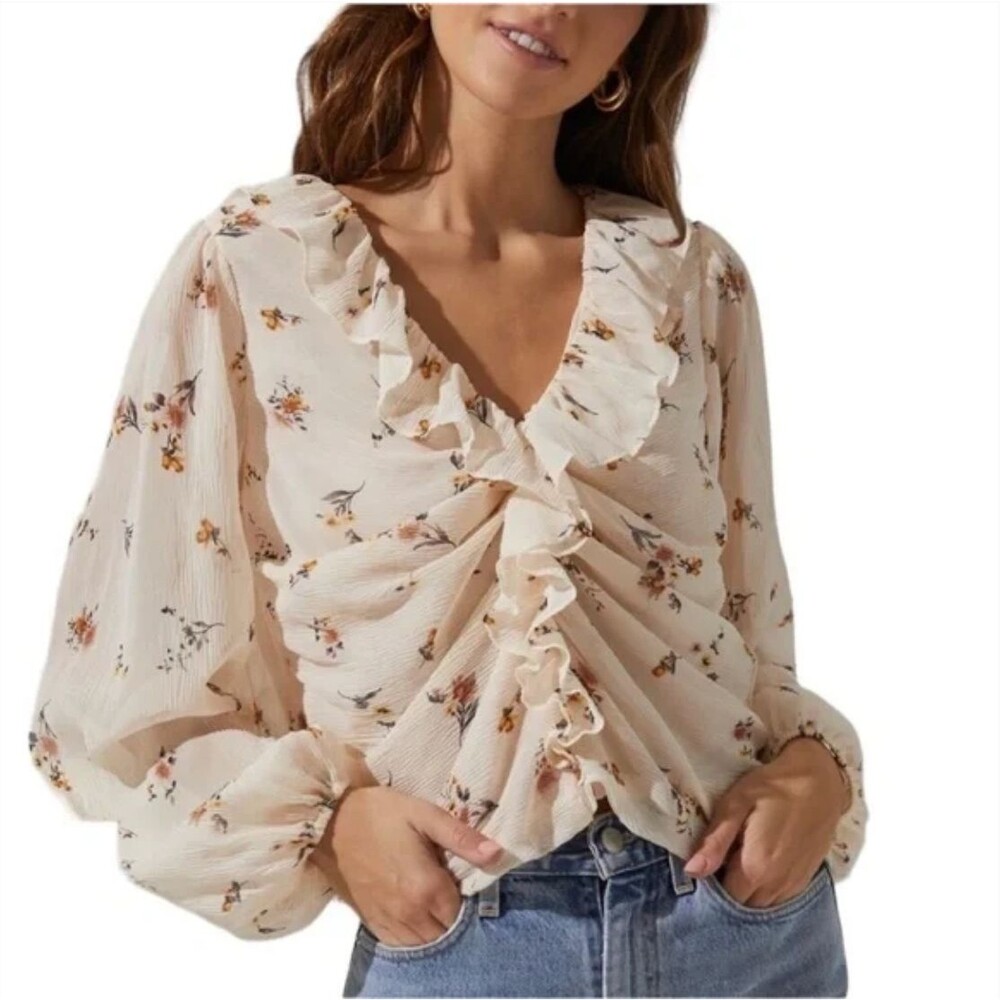 ASTR THE LABEL Floral Blouse Ruffle Cropped Cottagecore Romantic XS